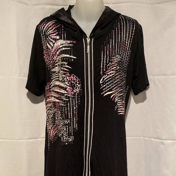 Black Sequin Chiffon Hoodie Zip Front Tunic Handkerchief Hem